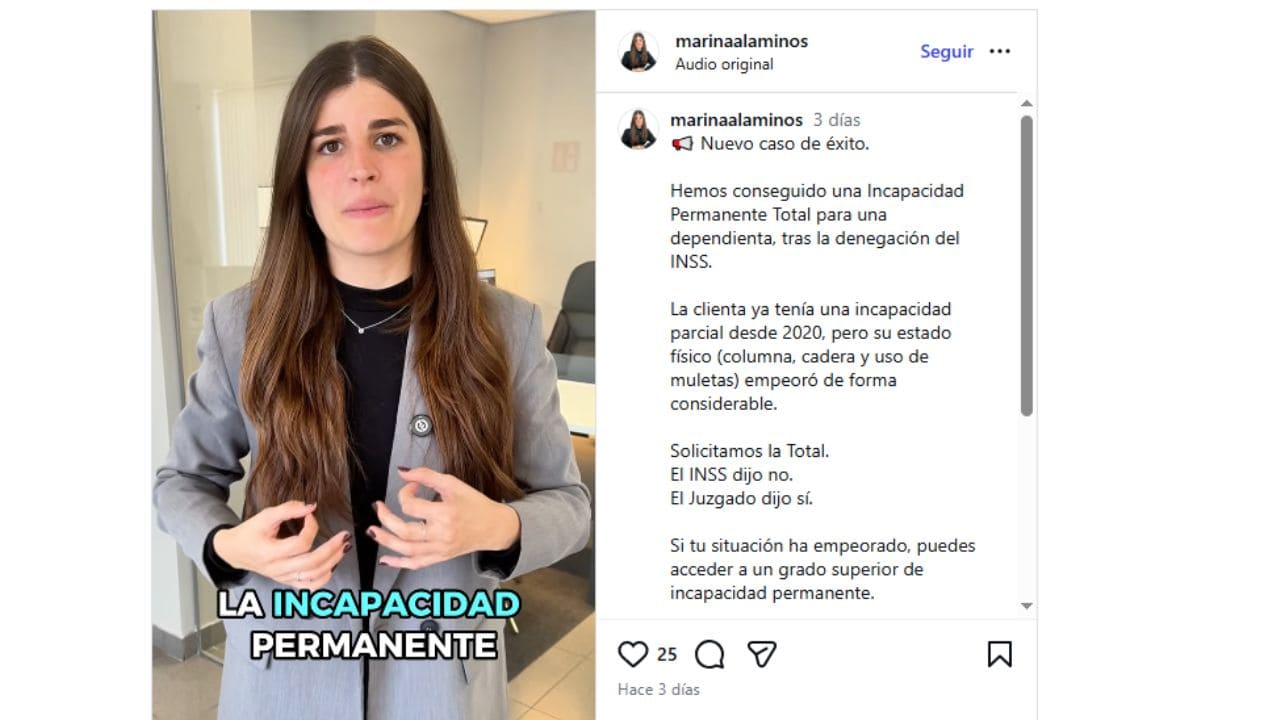 Publicación de la abogada Marina Alaminos en Instagram