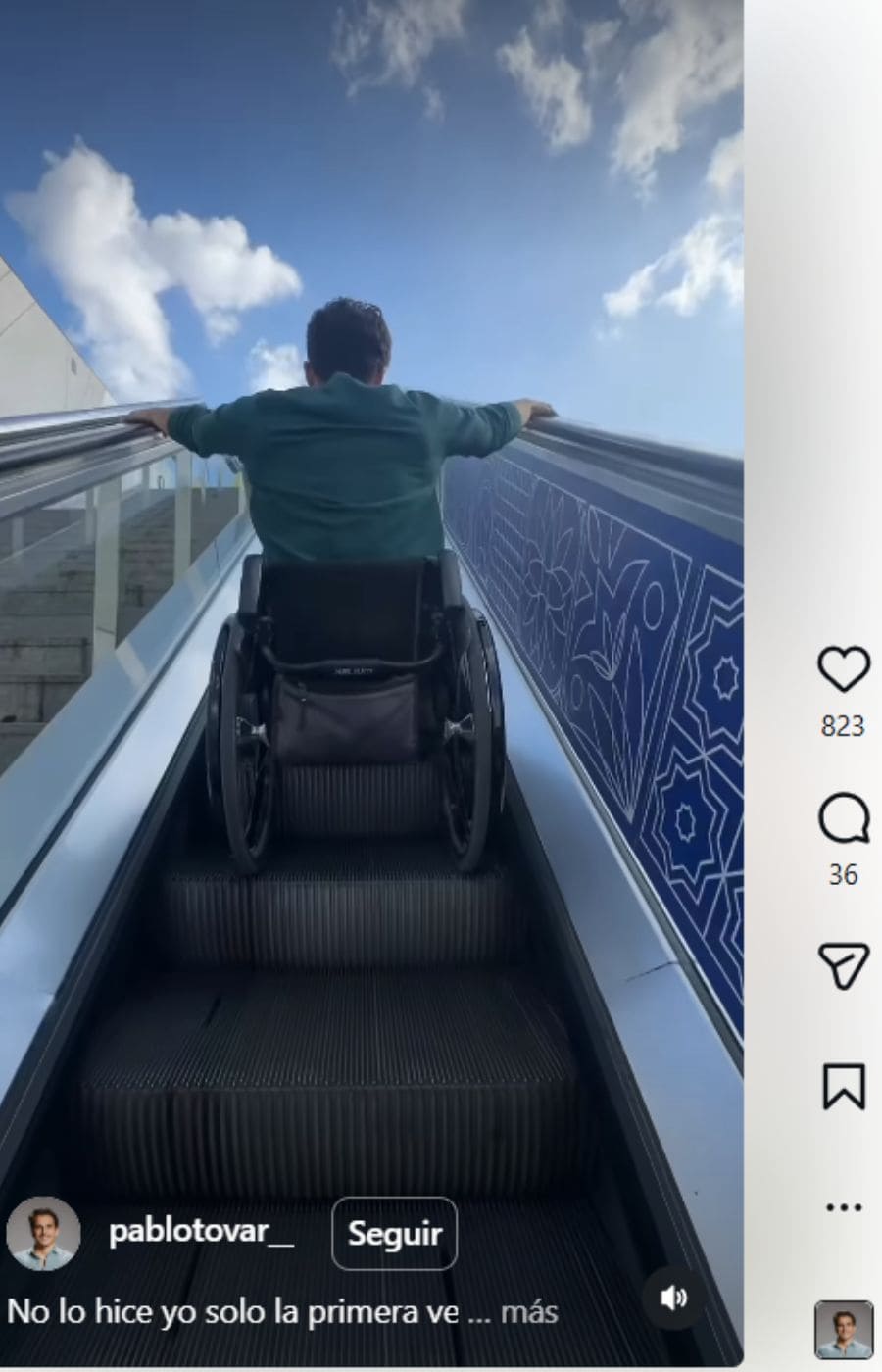 El truco de Pablo Tovar para subir por las escaleras mecánicas estando en silla de ruedas