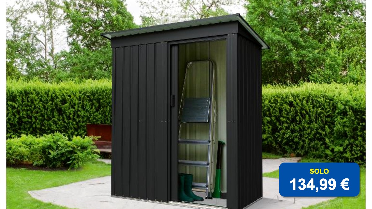 Caseta de jardín metálica PARKSIDE S de Lidl en color antracita con puerta corredera